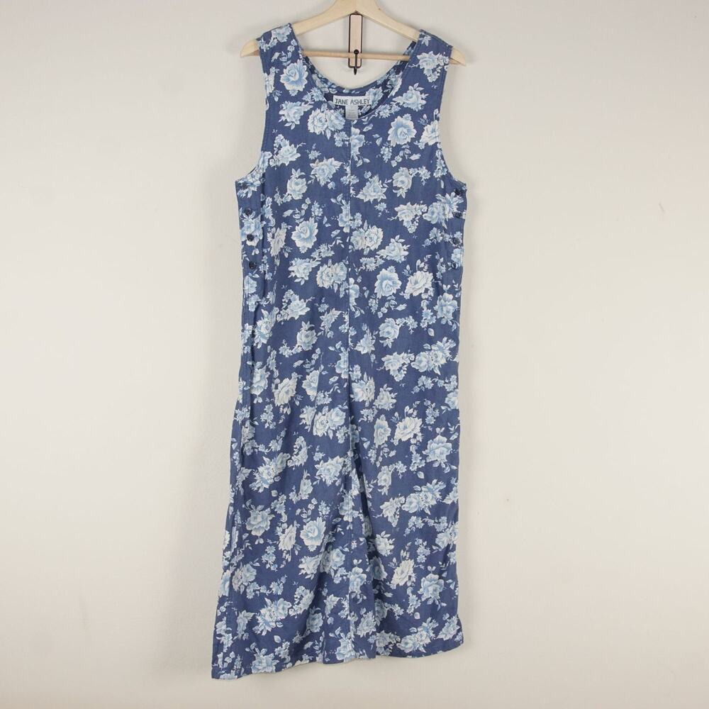 VTG Jane Ashley Linen Cotton Blend Blue Floral Tank Midi Dress Womens Sz L
